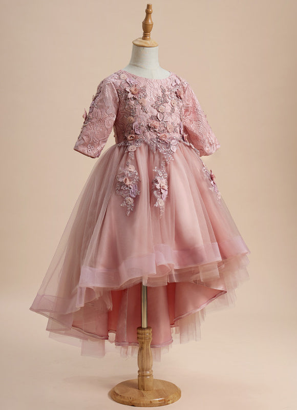 Robe Pastel Rose Asymétrique Col Rond Fleurs