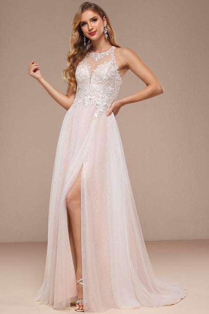 Robe Pastel Rose Traîne Dentelle Paillettes - gallery 6