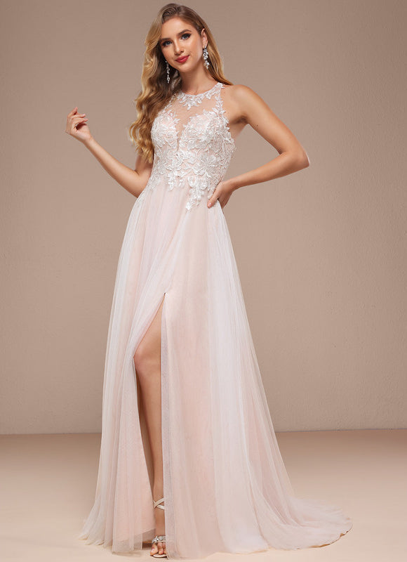 Robe Pastel Rose Traîne Dentelle Paillettes - gallery 6