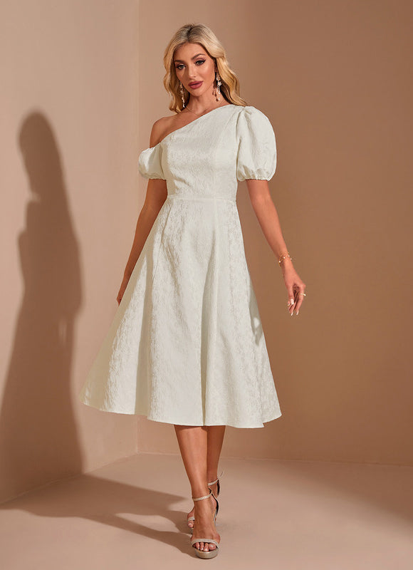 Robe Pastel Crème Décolleté Asymétrique Midi - gallery 3