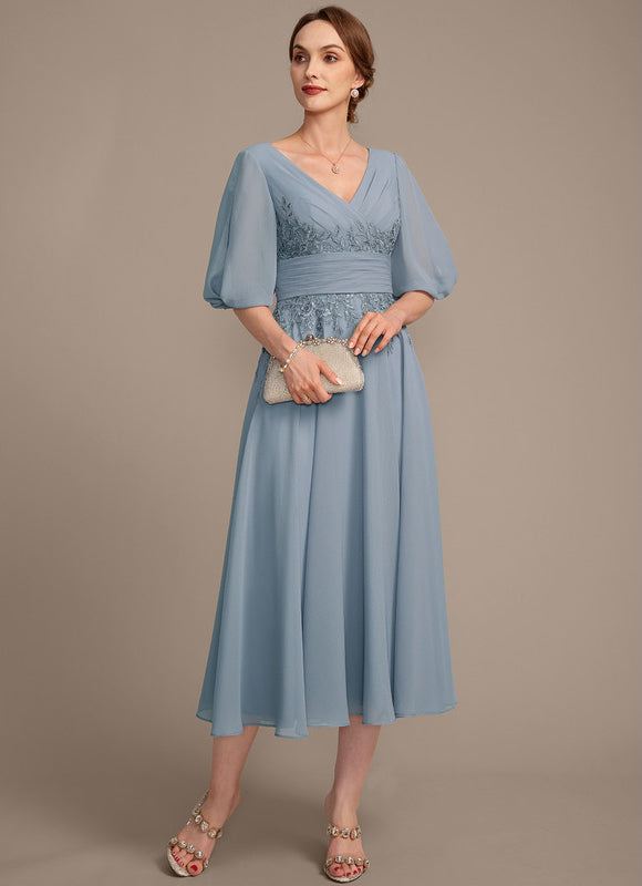 Robe Pastel Bleu Col V Longueur Mollet - gallery 5