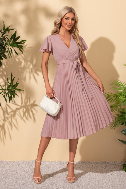 Robe Pastel Rose Col V Midi Trapèze - gallery 4