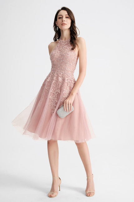 Robe Pastel Rose Trapèze Col Rond - gallery 3