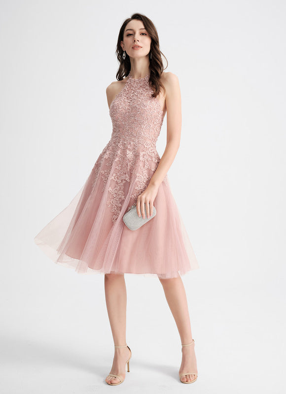 Robe Pastel Rose Trapèze Col Rond - gallery 3