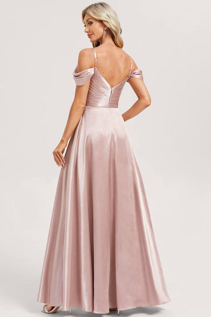 Robe Pastel Rose Décolleté Longue Satin - gallery 4