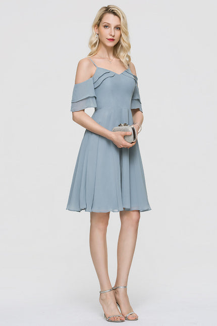 Robe Pastel Bleu Décolleté Épaules Volants - gallery 4