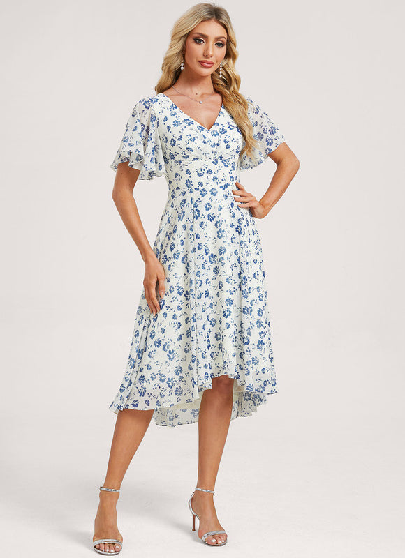 Robe Pastel Bleu Asymétrique Col V Volants - gallery 1