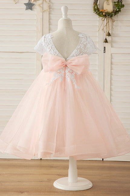 Robe Pastel Rose Col V En Tulle - gallery 8