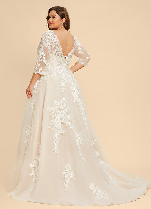 Robe Pastel Rose Traîne Tulle Dentelle - gallery 9