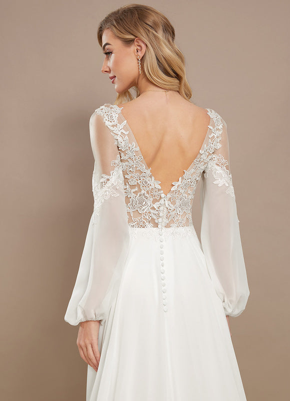 Robe Pastel Blanche Col V Traîne Dentelle - gallery 5