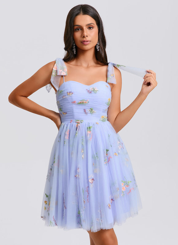 Robe Pastel Bleue Col Cœur Fleurie - gallery 5