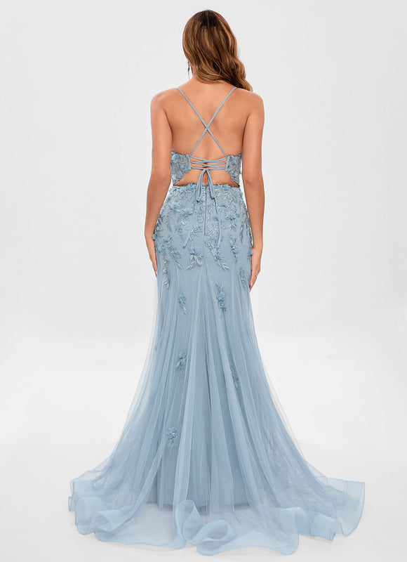 Robe Pastel Bleu Sirène Traîne Tulle - gallery 5