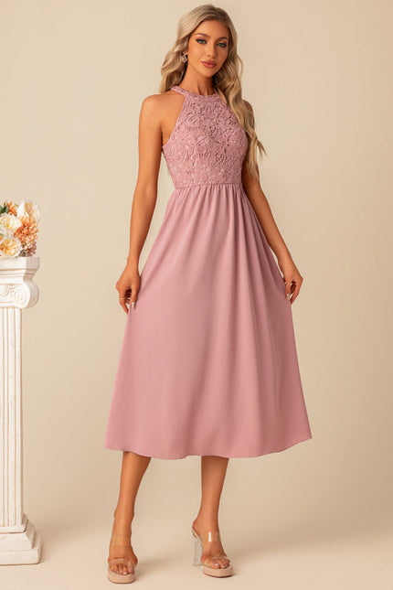 Robe Pastel Rose Dentelle Trapèze Midi - gallery 1