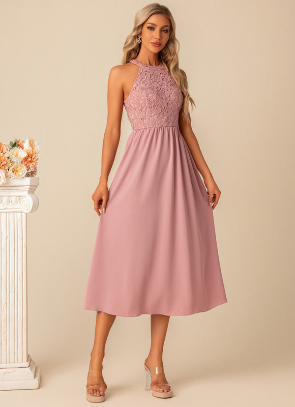 Robe Pastel Rose Dentelle Trapèze Midi - gallery 1