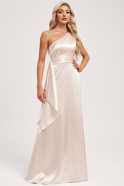 Robe Pastel Rose Décolleté Asymétrique Satin - gallery 2
