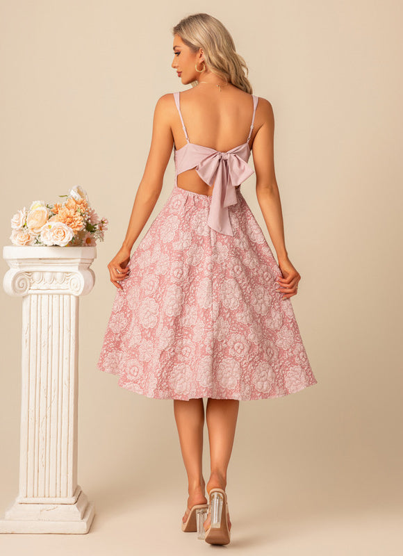 Robe Pastel Rose Trapèze Fleurs Nœud - gallery 9