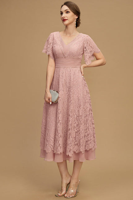 Robe Pastel Rose Col V Longueur Mollet - gallery 7
