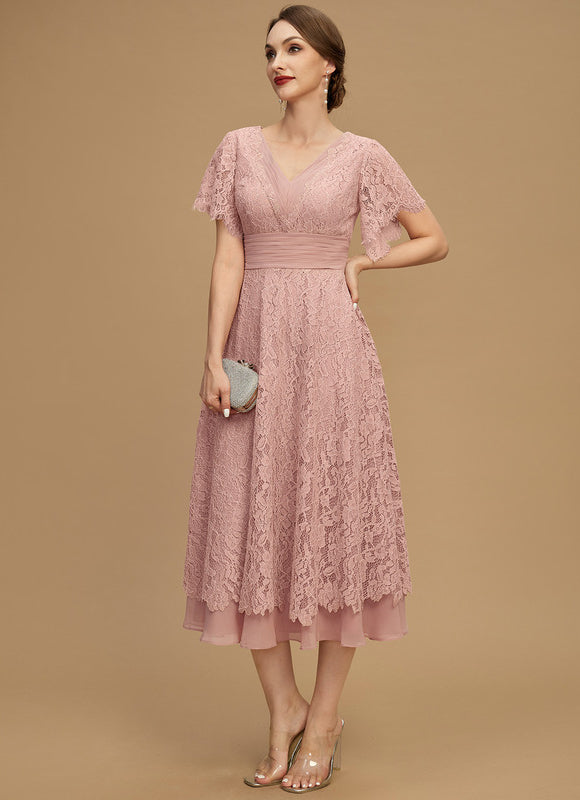 Robe Pastel Rose Col V Longueur Mollet - gallery 7