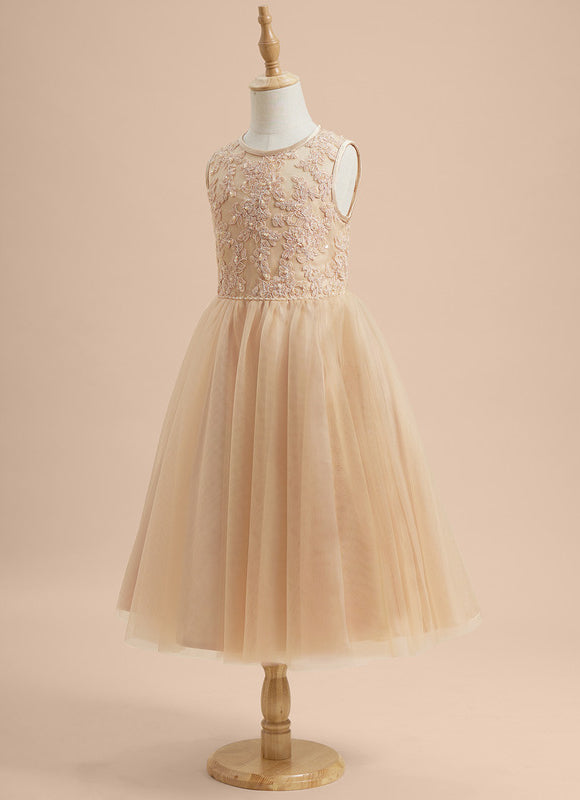 Robe Pastel Beige Dentelle Élégante Fille Mariage - gallery 2