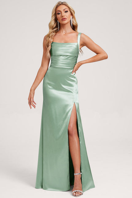 Robe Pastel Vert Satin Longueur Ras Du Sol