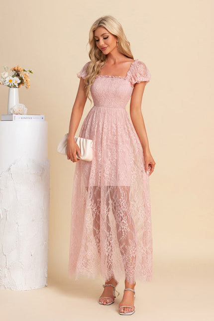 Robe Pastel Rose Dentelle Maxi Élégante - gallery 4