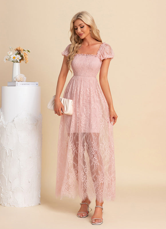 Robe Pastel Rose Dentelle Maxi Élégante - gallery 4