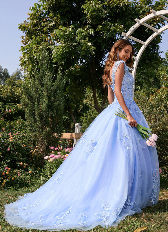 Robe Pastel Bleu Col Cœur Traîne Tulle - gallery 5