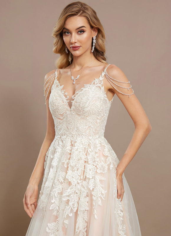 Robe Pastel Blanche Col V Traîne Dentelle - gallery 3