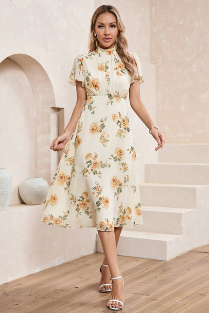 Robe Pastel Beige Fleurs Col Montant - gallery 6