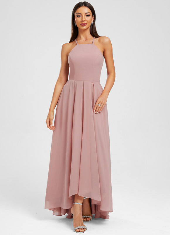 Robe Pastel Rose Mousseline Asymétrique Trapèze - gallery 1