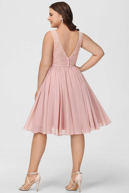 Robe Pastel Rose Col V Dentelle Genou - gallery 8