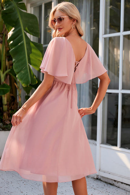 Robe Pastel Rose Col V Trapèze Midi
