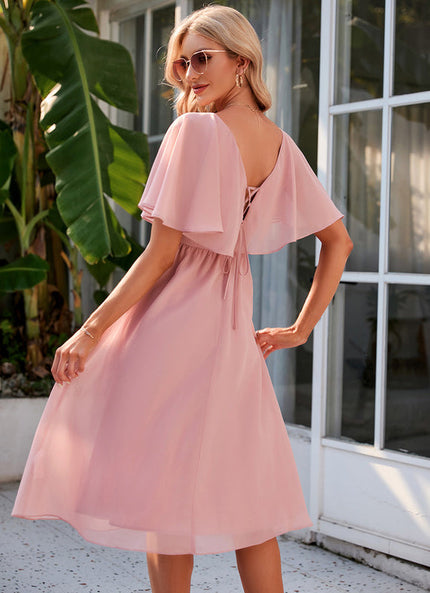 Robe Pastel Rose Col V Trapèze Midi