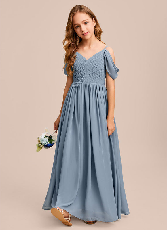 Robe Pastel Bleu Décolleté Épaules Ras Du Sol