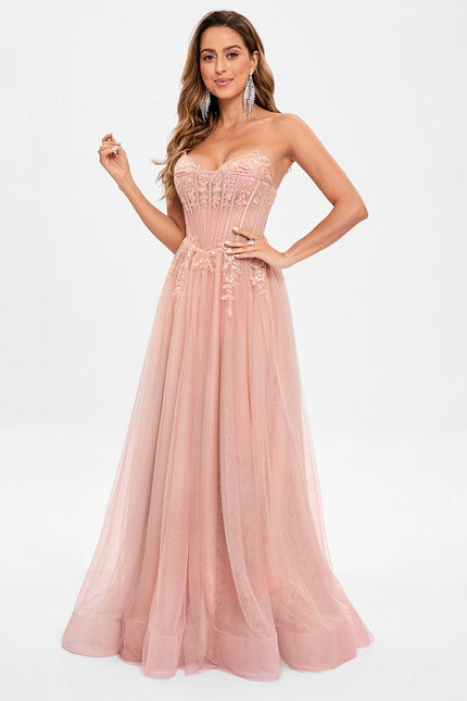 Robe Pastel Rose Col V Tulle Paillettes - gallery 4