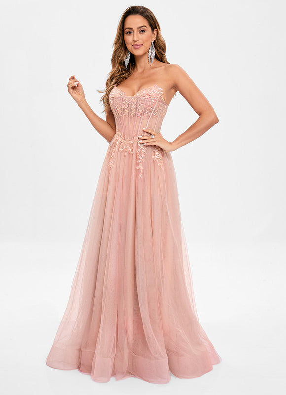 Robe Pastel Rose Col V Tulle Paillettes - gallery 4