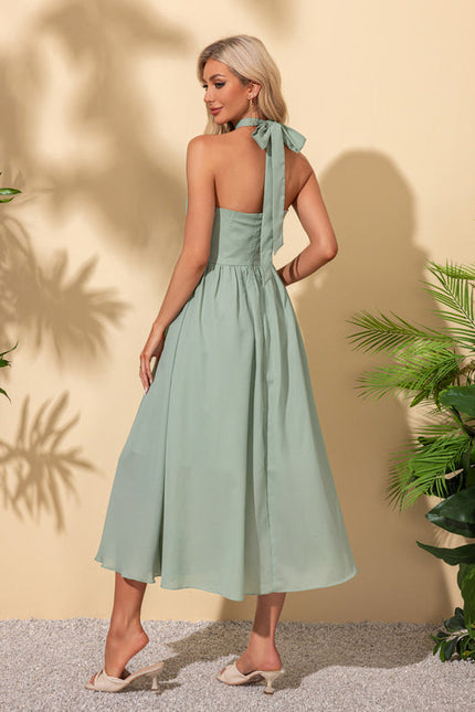 Robe Pastel Verte Trapèze Licou Midi - gallery 5