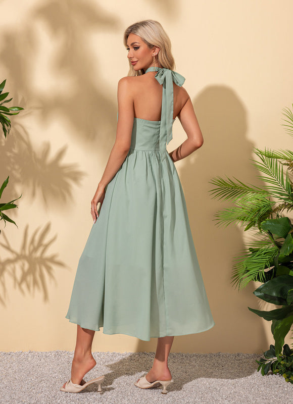 Robe Pastel Verte Trapèze Licou Midi - gallery 5