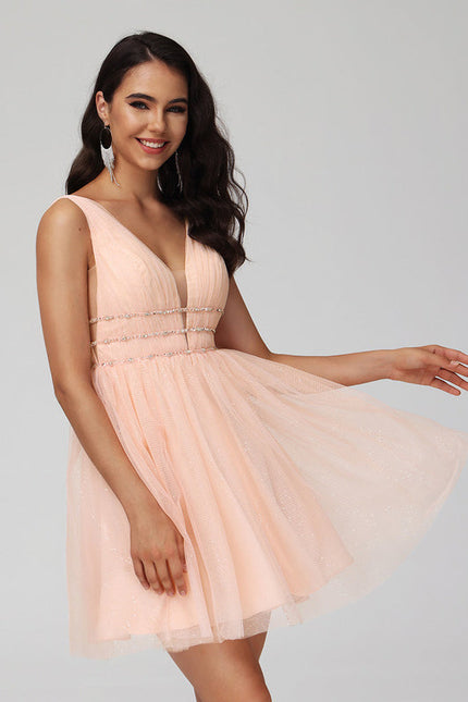 Robe Pastel Rose Trapèze Col V Tulle - gallery 5