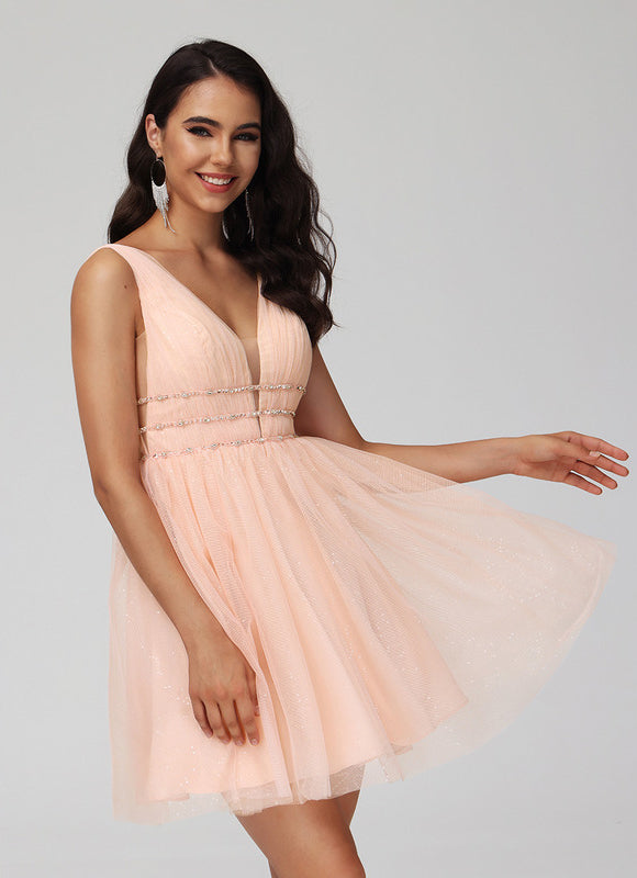 Robe Pastel Rose Trapèze Col V Tulle - gallery 5