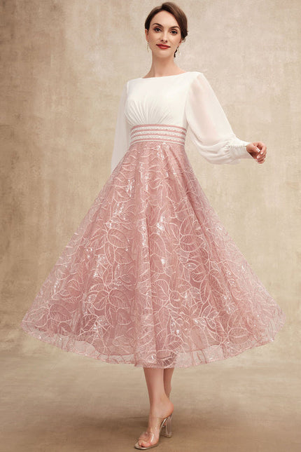 Robe Pastel Rose Longueur Mollet Dentelle - gallery 4
