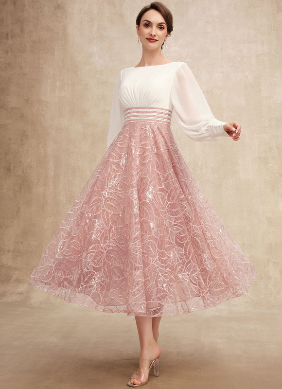 Robe Pastel Rose Longueur Mollet Dentelle - gallery 4
