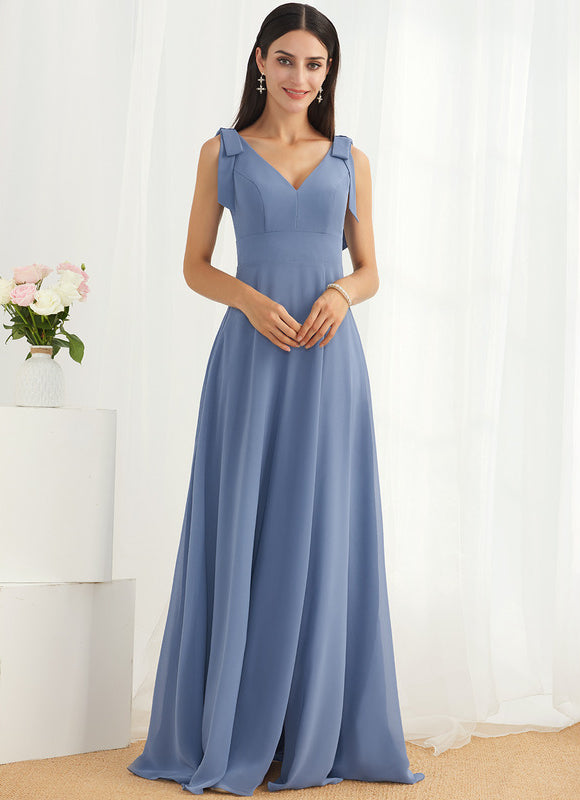 Robe Pastel Bleu Trapèze Longue Mousseline - gallery 4