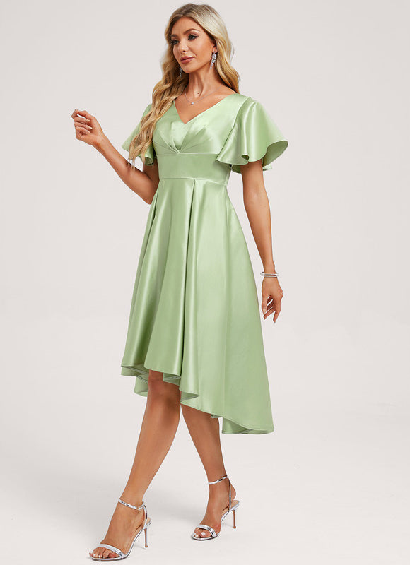 Robe Pastel Verte Satin Col V Asymétrique - gallery 1