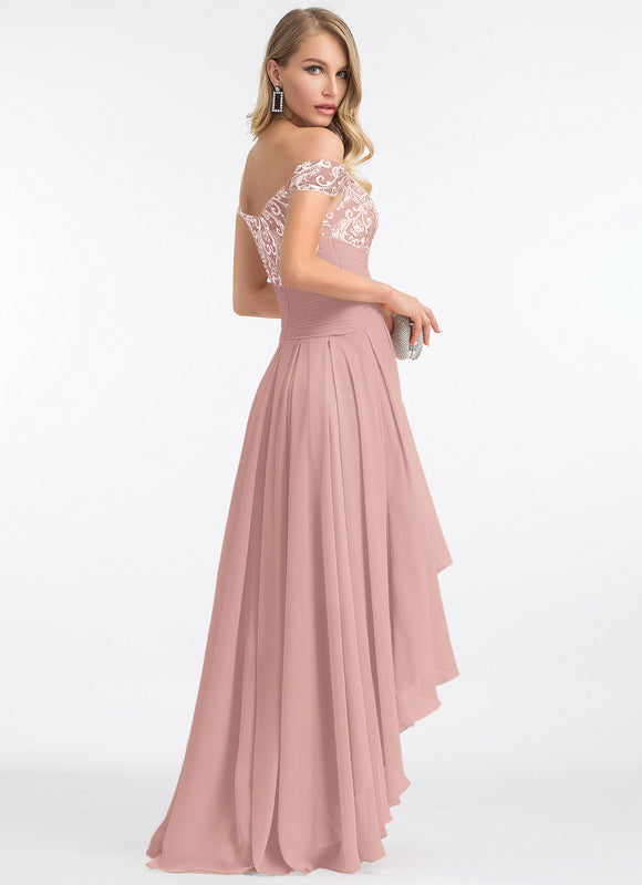 Robe Pastel Rose Asymétrique Dentelle Élégante