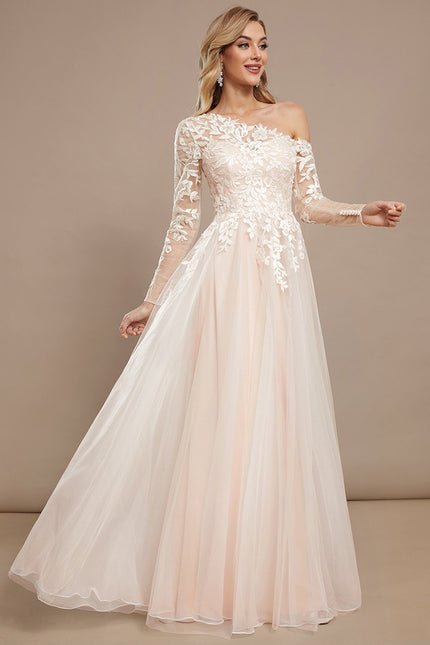 Robe Pastel Rose Col Asymétrique Tulle Dentelle - gallery 3
