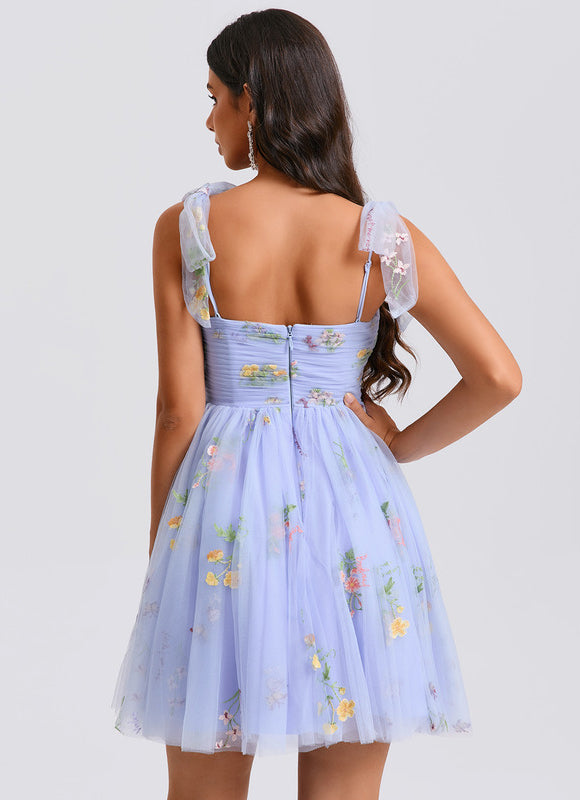Robe Pastel Bleue Col Cœur Fleurie - gallery 3