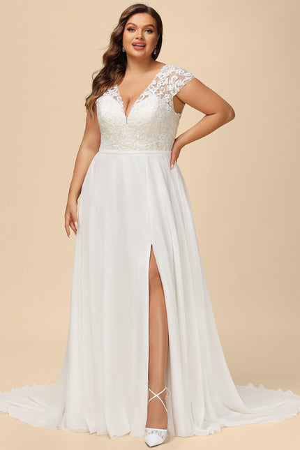 Robe Pastel Blanche Col V Traîne Dentelle - gallery 5