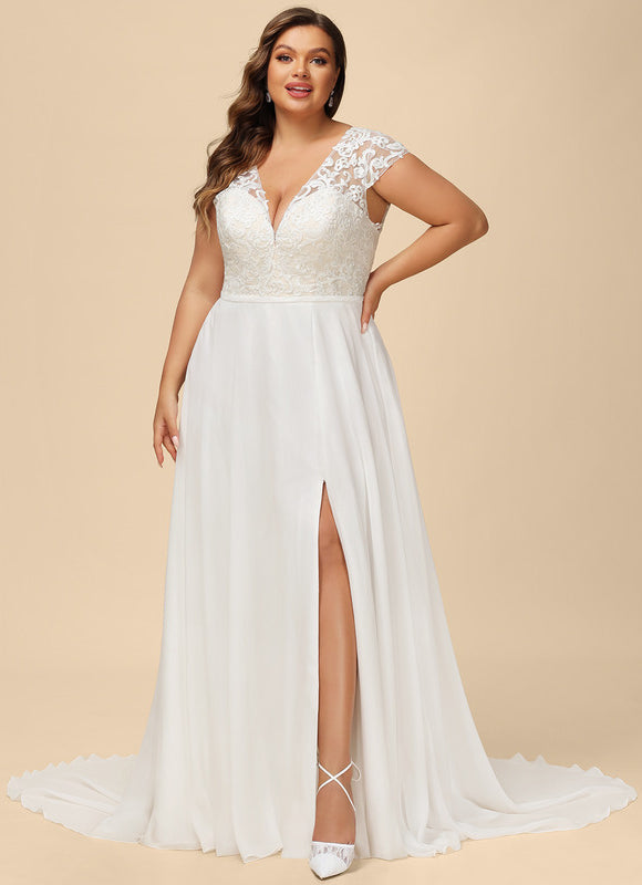 Robe Pastel Blanche Col V Traîne Dentelle - gallery 5