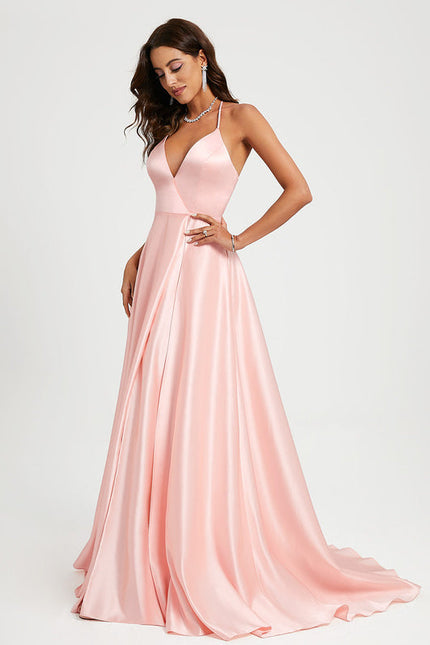 Robe Pastel Rose Col V Traîne Satin - gallery 3